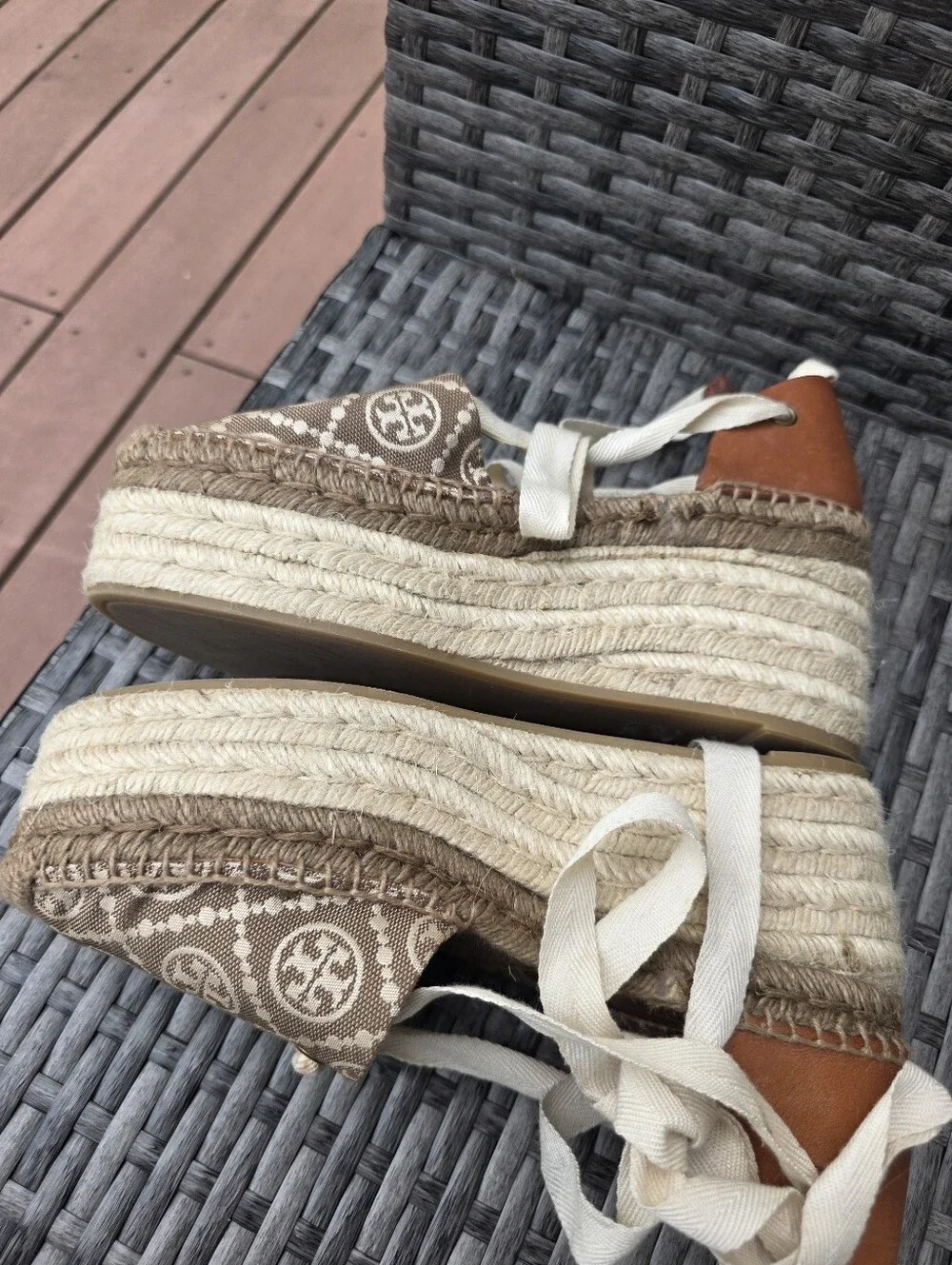Tory Burch T-Monogram Espadrille Wedge Platform Ankle Tie Logo Brown Canvas Sz 8